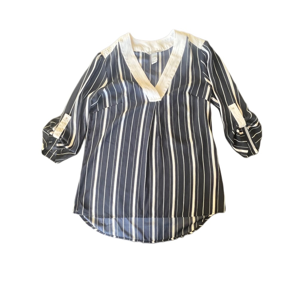 H&M Blue White Stripe Sheer Three Quarter Sleeve Dress Shirt Size 6
